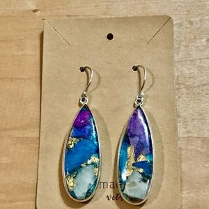 Beautiful Long Blue & Purple Sea Sediment Jasper Dangle Earrings